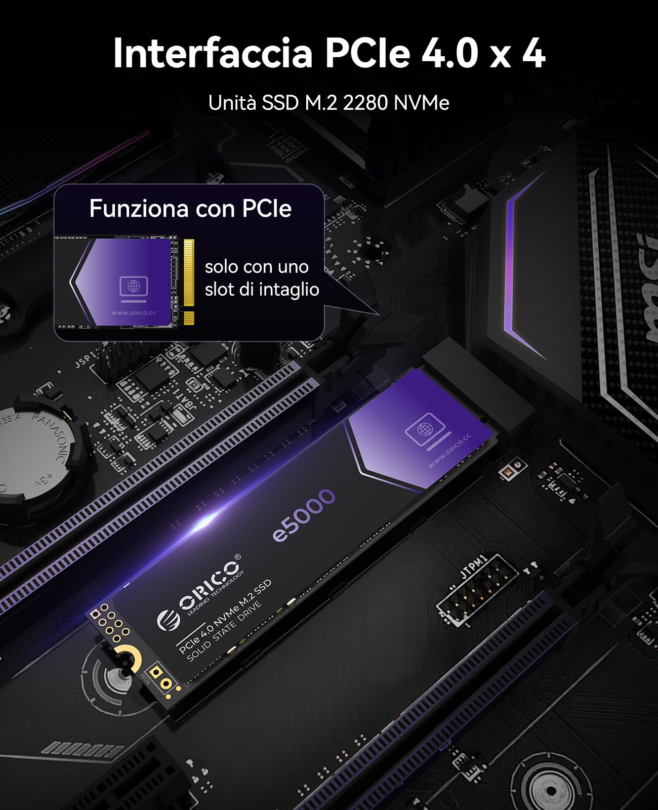 ORICO SSD M2 NVMe 1TB, PCIe Gen4x4 SSD M.2, fino a 5100 MB/s, Unità a Stato Solido Interno 3D QLC NAND, Cache Dinamica SLC, Compatibile con PC Desktop e Laptop-e5000