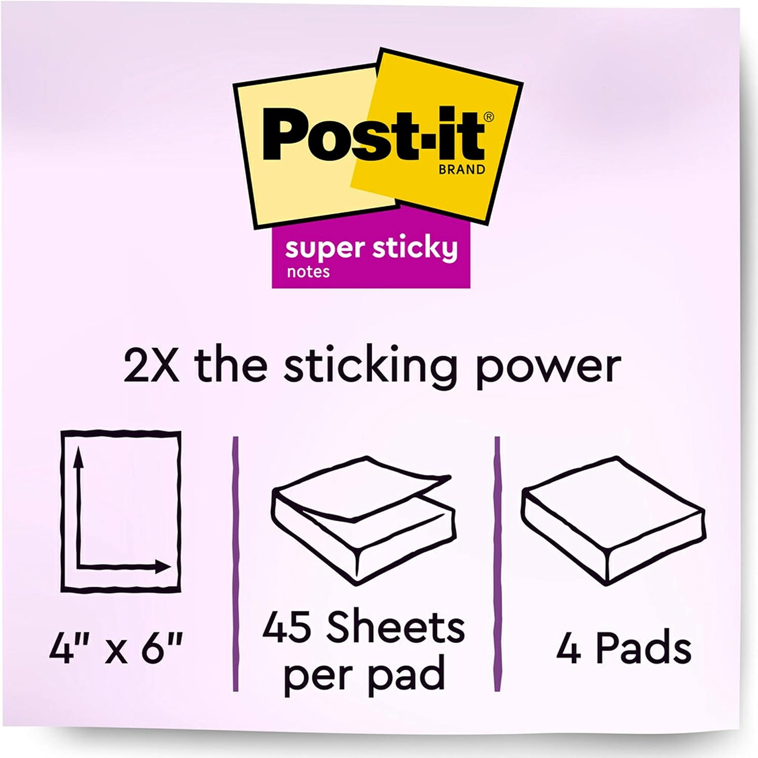 Post-it Super Sticky Notes, 4x6 in, 4 Pads, 2x the Sticking Power, Canary Yellow, Recyclable (4621-SSCY)