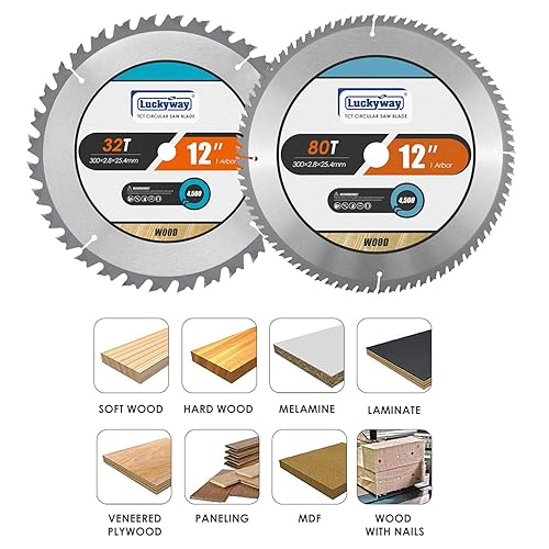 Miniatura 5 de Luckyway Hojas de sierra de inglete de 12 pulgadas 32D de propósito general y 80D de acabado fino con mandril de 1 pulgada TCT (con punta de carburo