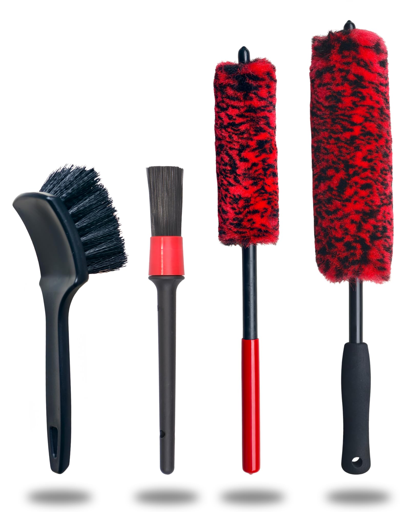 oesee Professional 4 Pack Long Handle Wheel Brush Kit for Cleaning Wheel and Tire- 2X Soft Wheel Cleaning Brush, Detailing Brush and Stiff Tire Brush, Bendable& Durable Wheel Rim Cleaner Brush Set