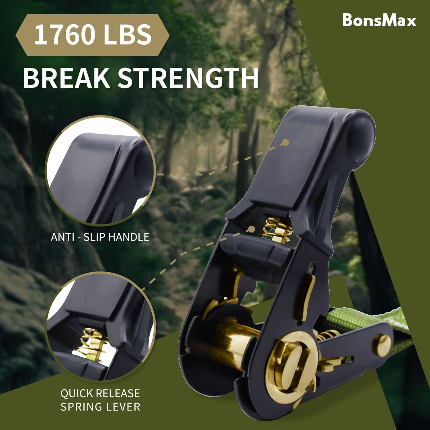 1”x15’ Endless Ratchet Tie Down Strap (No Hook) for Car Rack, Utility Trailer, Pickup Truck Bed, Ratcheting Securing Straps for Cargo, Kayak (Olive Green, 1" x15'-2 Pack)