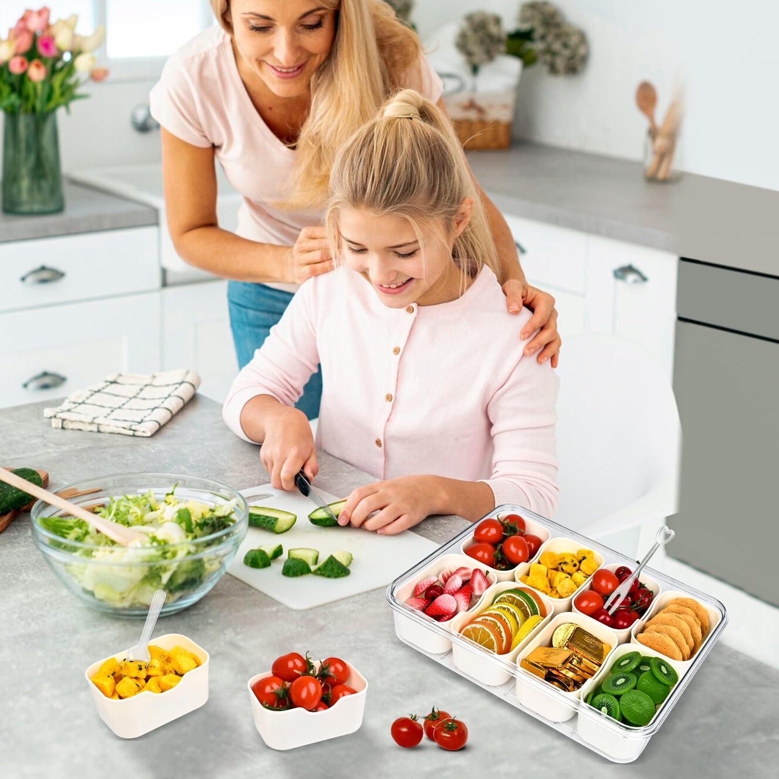 Linn'sCollection Recipiente para aperitivos con almacenamiento de cubiertos, bandeja de frutas, bandeja dividida con tapa y asa, contenedor portátil para aperitivos, contenedor de aperitivos de 8