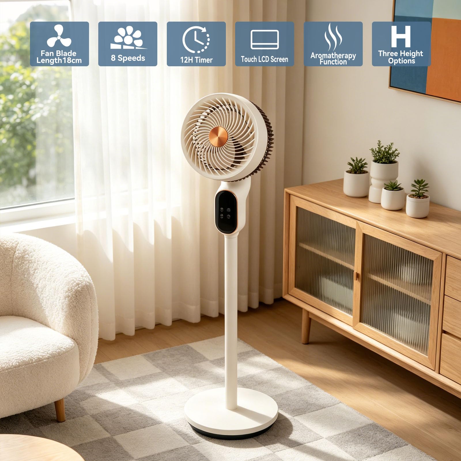 Ventilador de pie silencioso, 50W, 18 cm de aspas, oscilación automática, 8 velocidades, altura regulable , inclinación ajustable, fácil control, temporizador de 12 horas, ideal para dormitorio.