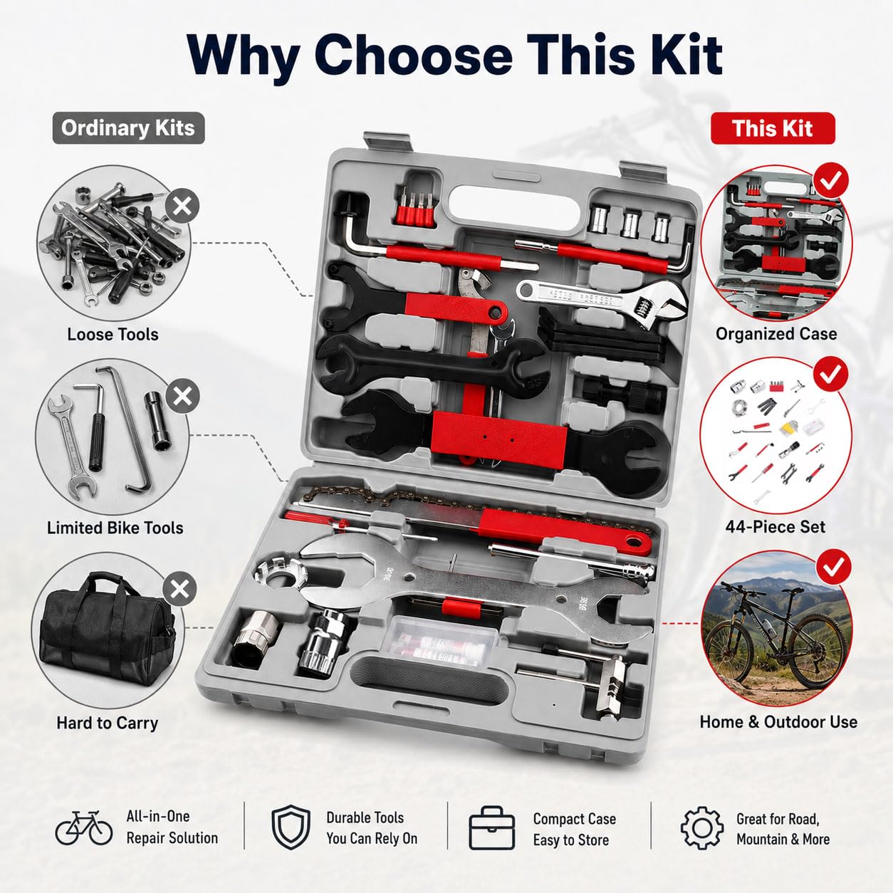 44 Pcs Kit de Réparation Vélo pour 3T | Outils Entretien Vélo | Multifonctionnel Portable Accessoires Route Atelier Maison Cyclisme | Avec Mallette de Rangement