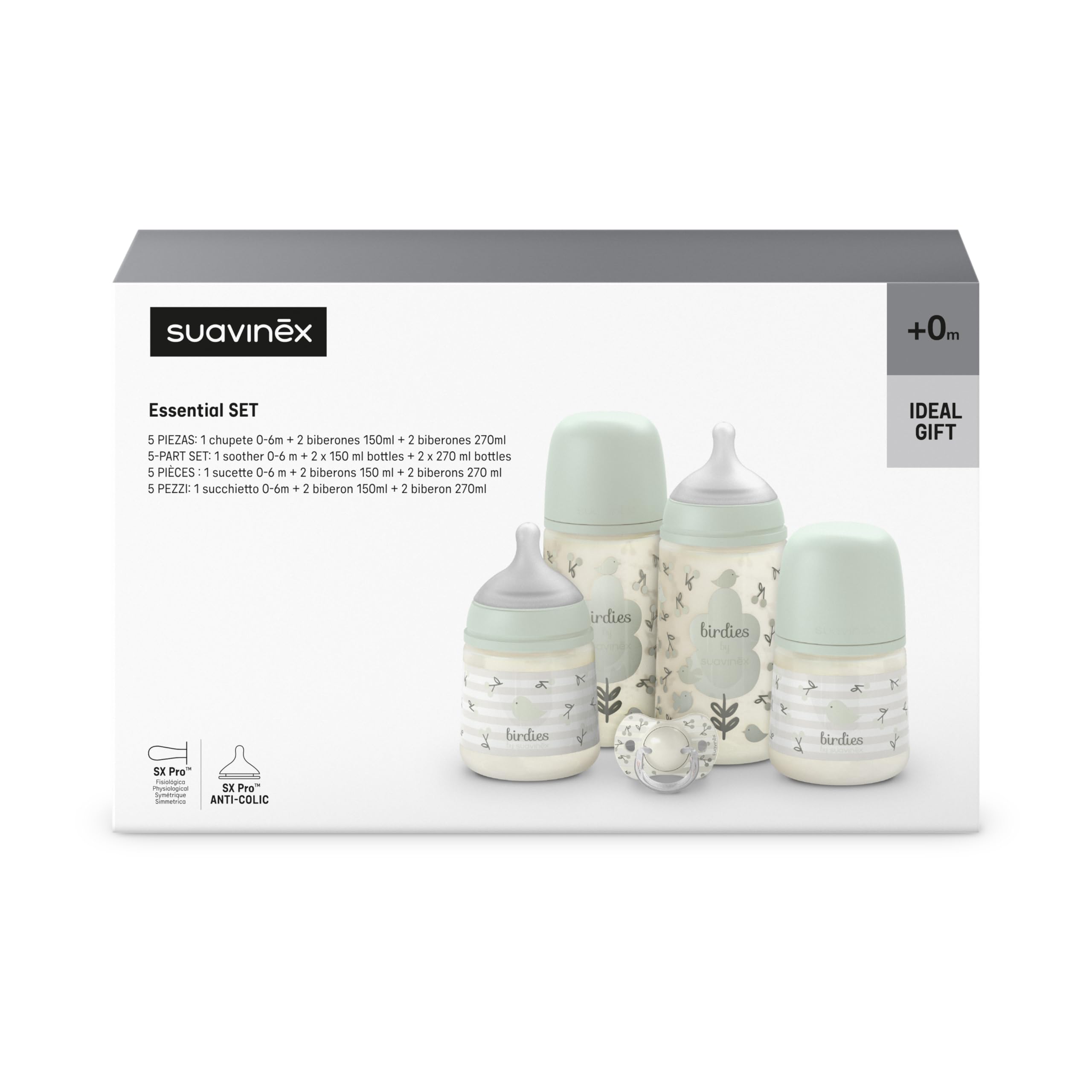 Suavinex, Set di Biberon per Neonati, Confezione Regalo: 2 Biberon da 270 ml + 2 Biberon da 150 ml + Ciuccio 0-6 Mesi, Tettarelle Fisiologiche SX Pro in Silicone, 5 Pz, +0M, Birdies Verde
