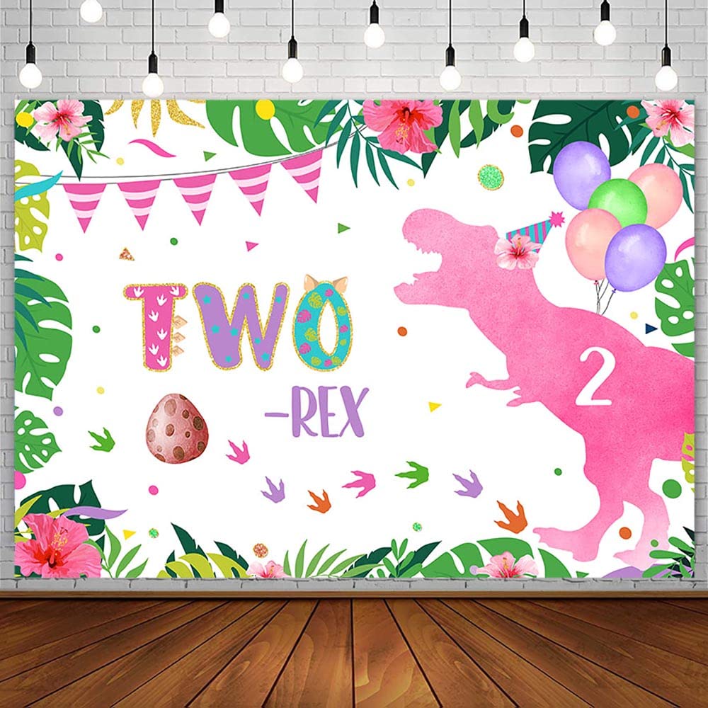AIBIIN 7x5ft Pink Dinosaur 2nd Birthday Backdrop for Girl Two Rex Birthday Party Decorations Forest Jungle Wild Animal Balloon Dinosaur Egg