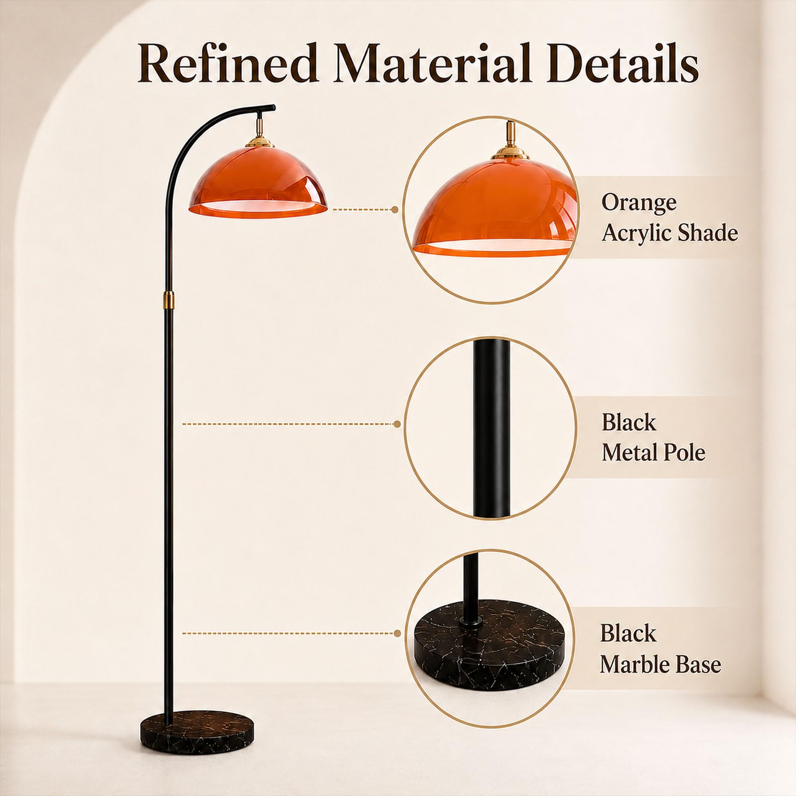 Lámpara De Pie Orange Arc, Base De Mármol, Mid-Century Modern, E27 | Pantalla Acrílica Doble Capa De Seta, Altura Ajustable, 3 Temperaturas, Interruptor De Pie, Poste Negro, Salón/Dormitorio