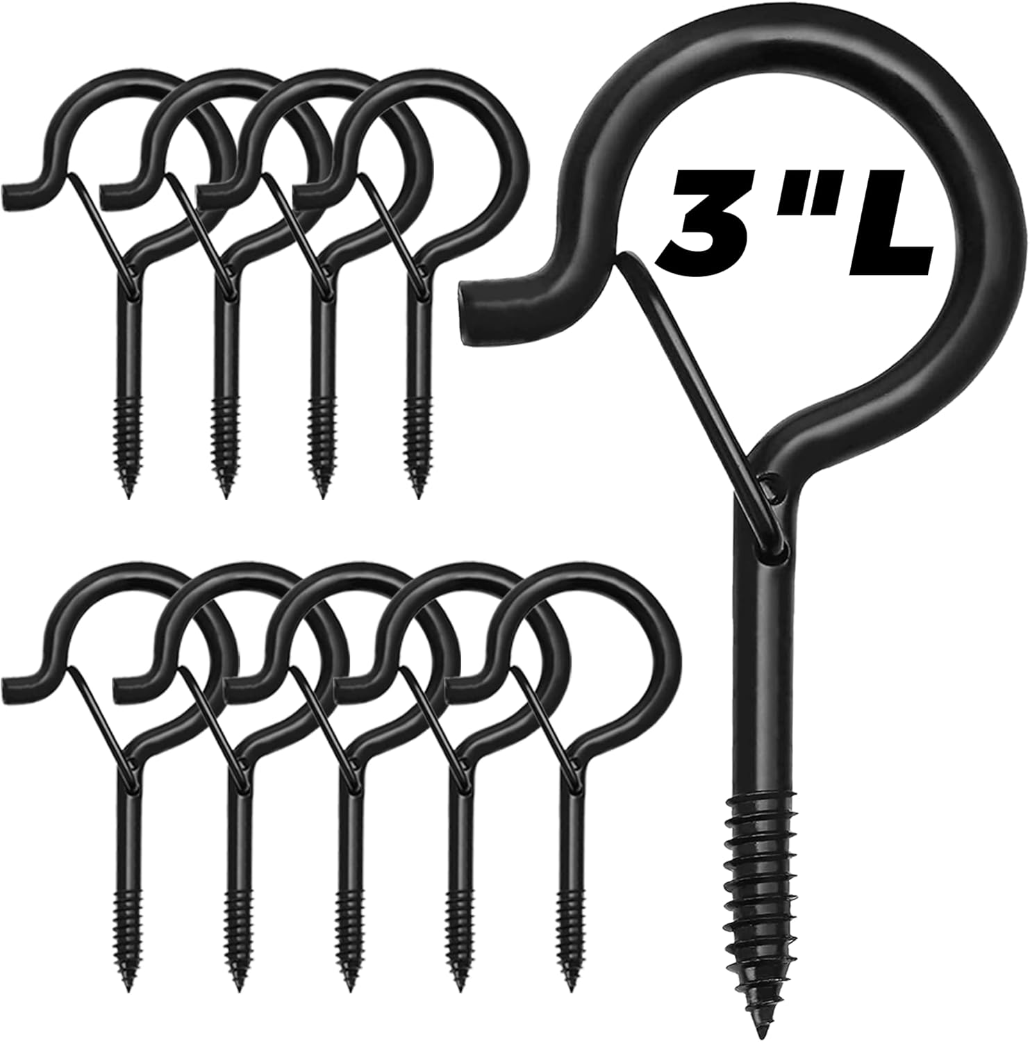 Ansxiy 10 PCS 3 inches Q-Hanger Hooks with Safety Buckle, Screw Hooks for Outdoor String Lights, Ceiling Hooks for Hanging Plants, Black