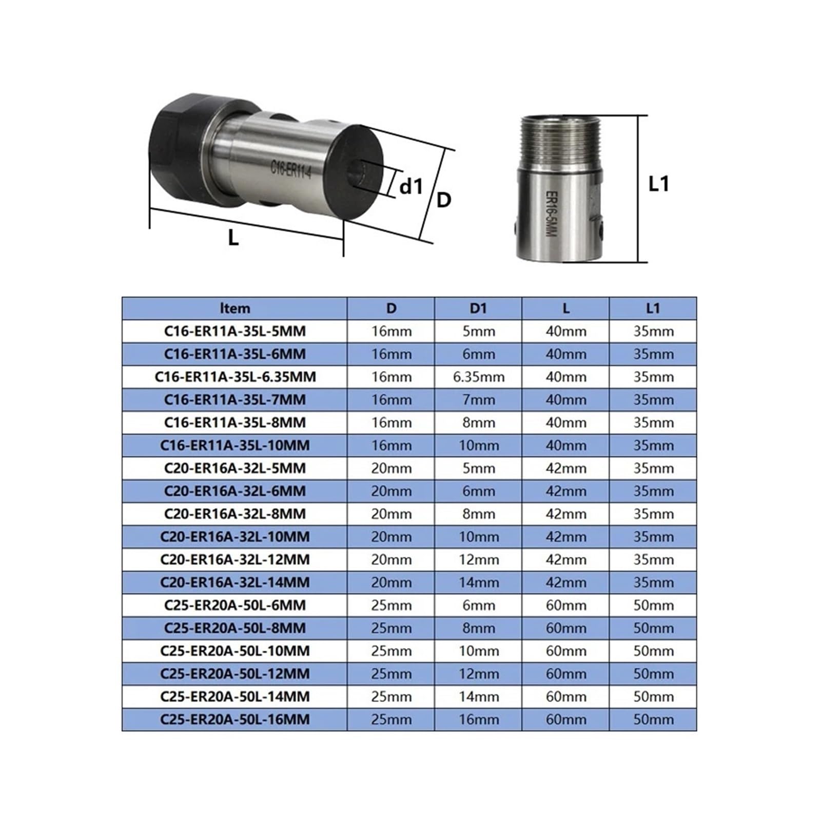 Mandrin porte-outil CNC 1 pièce de mandrin coupe d'arbre moteur, tige d'extension broche, porte-outil CNC(C25-ER20A-50L-16MM)