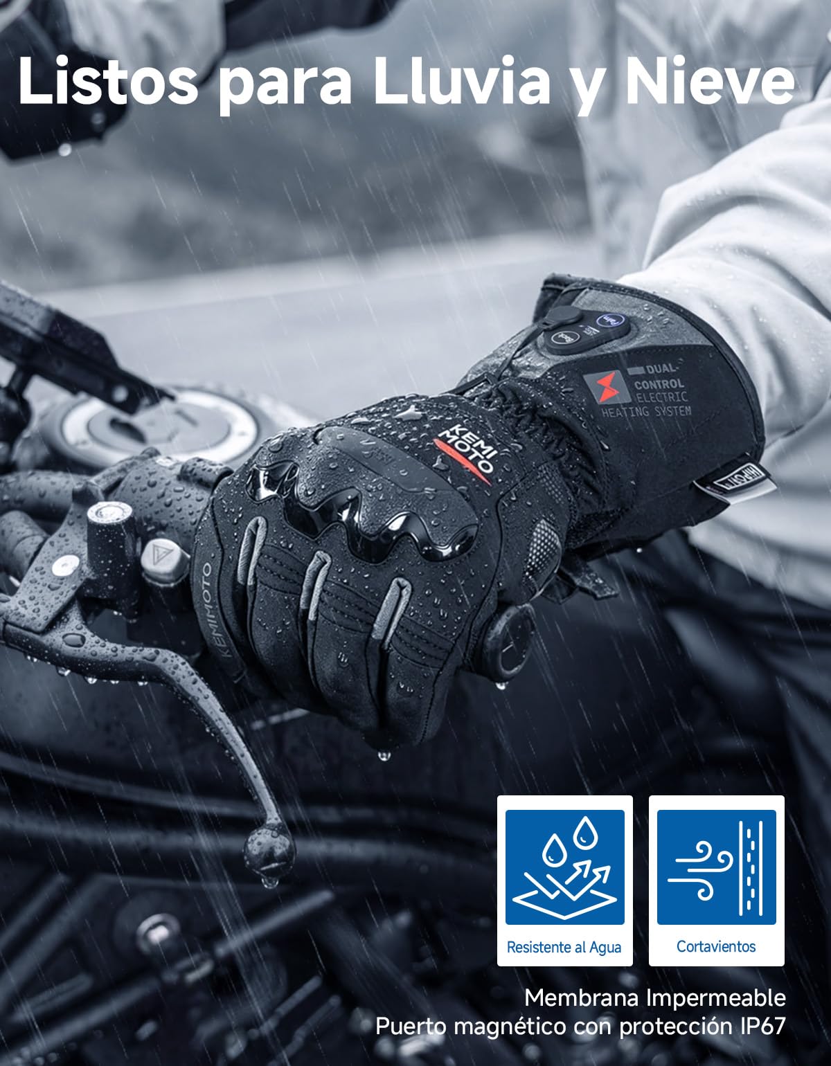 KEMIMOTO Guantes Calefactables Moto, 3000mAH, Doble Zona Control, 3 Niveles