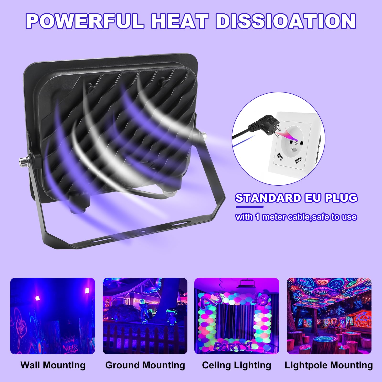 Luce Nera UV 100W,Fosingut 395-400nm Faretto UV LED con Spina,IP65 Impermeabile Lampada Ultravioletta Faro per Glow Festa,Fluo Pittura del Corpo,Natale,Halloween,Discoteca,Club,Acquario,Bar,Neon Festa