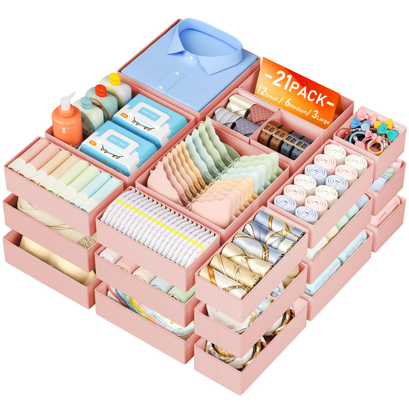 DIMJ Drawer Organisers and Clothes Dividers - 21 Pack Fabric Wardrobe Storage Cubes Foldable Draw Box for Socks, Underwear, Baby Clothing, Ties, Nursery, Bedroom, Chest of Drawers, Pink