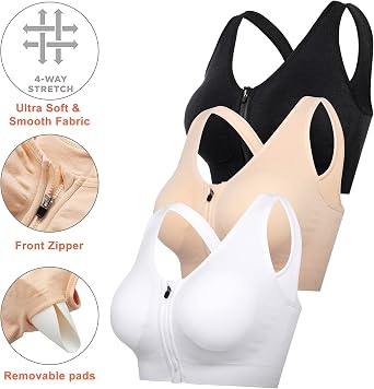 Zip Front Sports Bra Post Surgery Padded Yoga Activewear Bras-3PCS