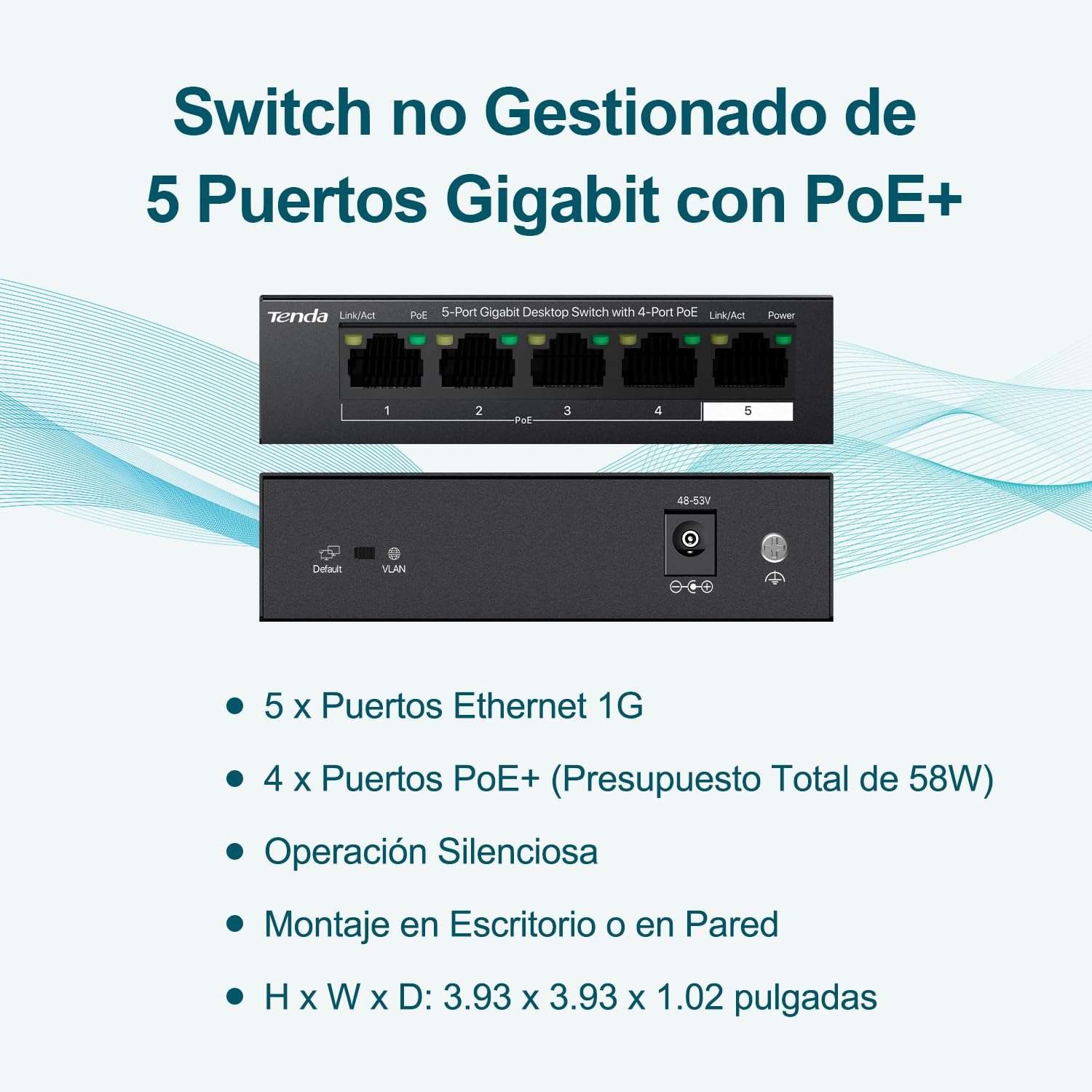Tenda TEG1105P-4-63W 5 Puertos Gigabit PoE Switch (4 Puertos PoE 58W, Puertos 802.3af / at Obedient), Protección 6KV, VLAN, Plug and Play, Pequeño y Fácil de Instalar, Carcasa Metálica