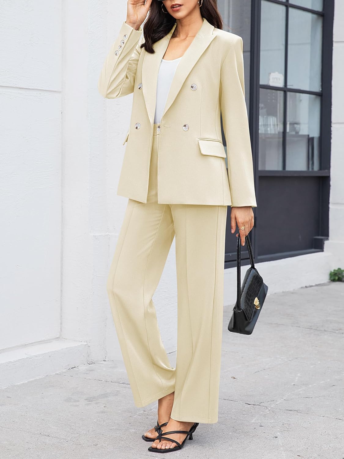 Casly Lamiit Women's 2 Piece Business Casual Outfits Double Breasted Blazer Dressy Wide Leg Work Pants Suits Set - Image 4