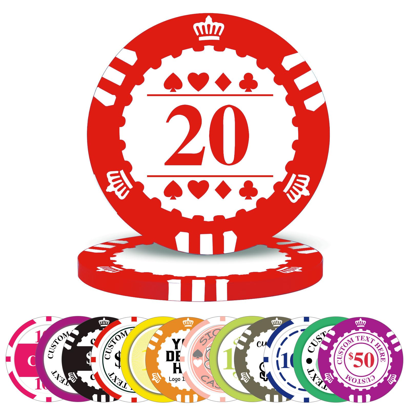 100-1000 Pcs Custom Plastic Poker Chips,Personalised Double Sided Full Color,Custom Your Logo Image Text, Design for Business Cards, Bar, Party,Corporate Events, Drink Token (Red)