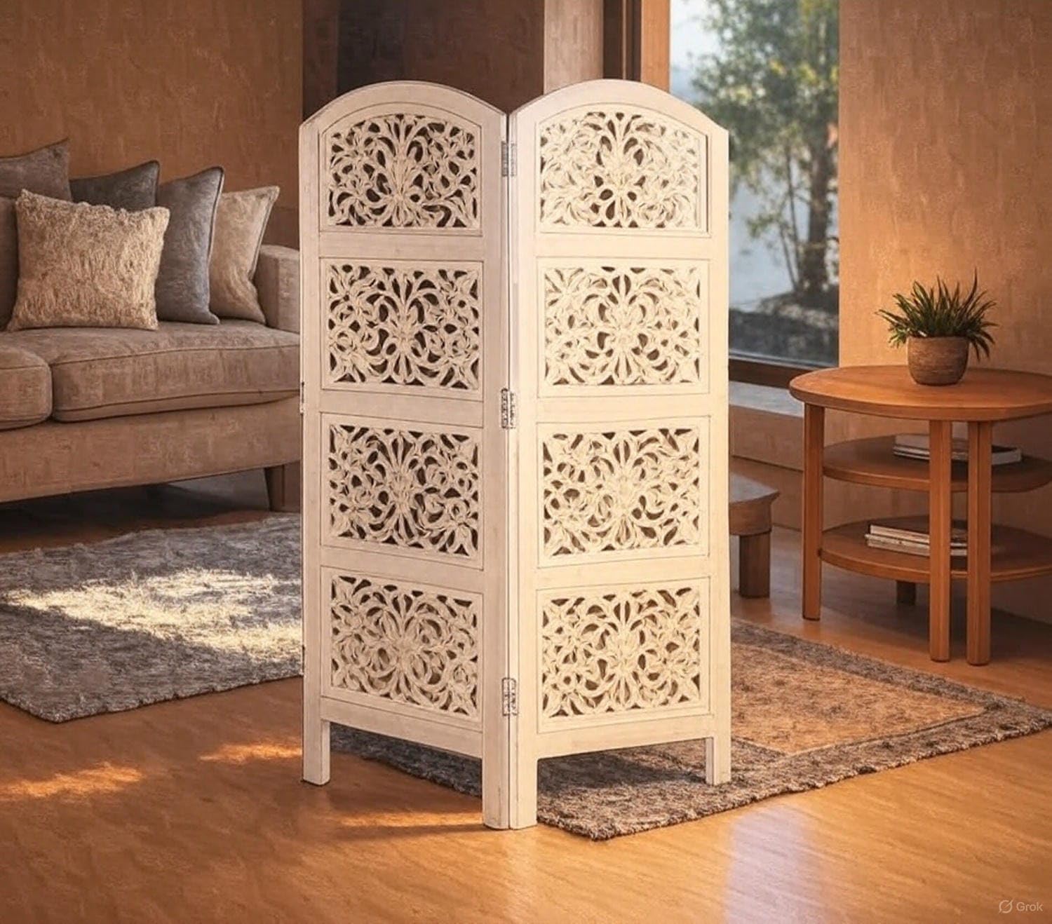 AMAZING STOCK Wooden Room Divider Partition 5-FT Folding Privacy Screen Decorative for Living Room, Bedroom, Hall, Salon, Studio & Pooja - Chinar Leaves Design, White (2 Panel)-image-40
