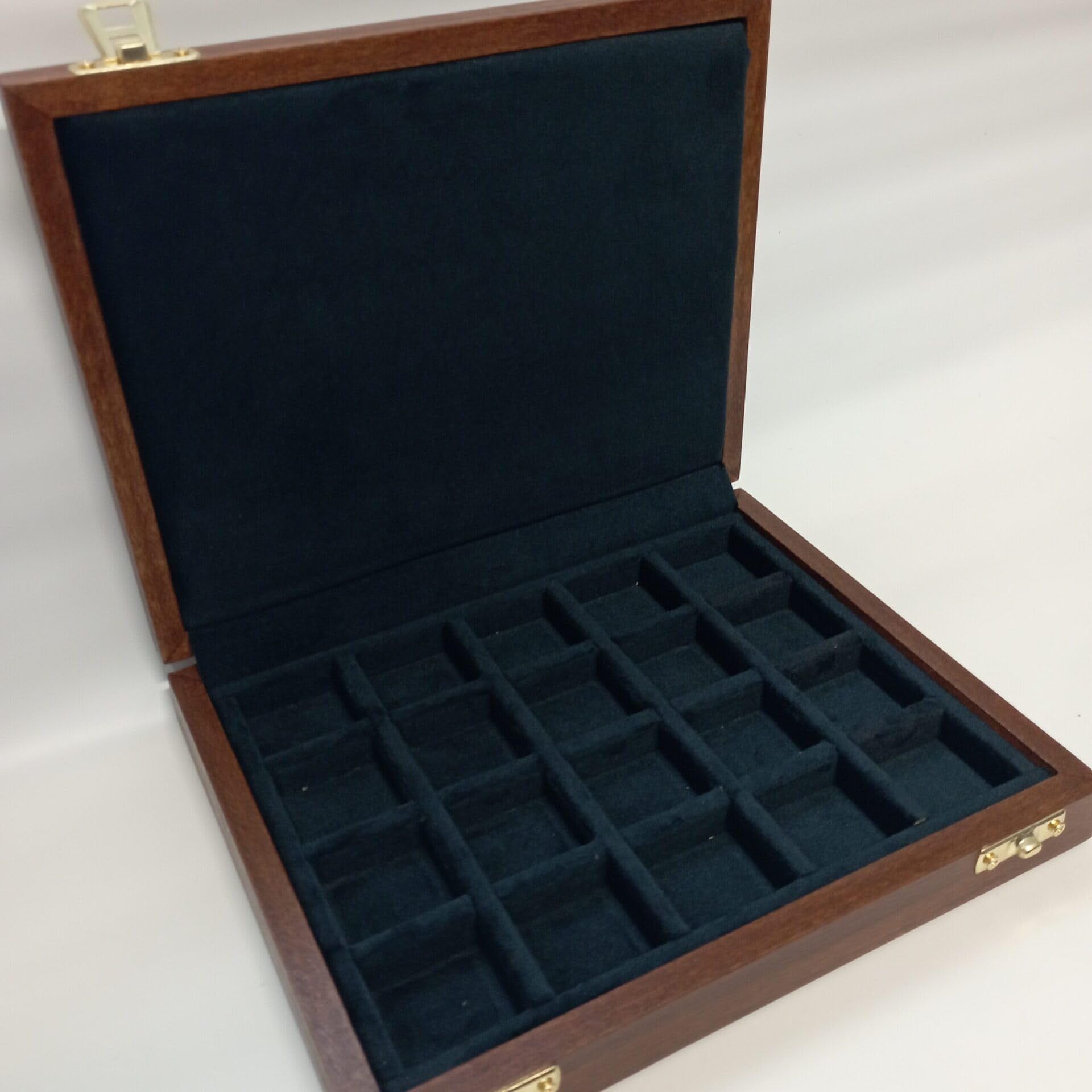 Caja numismática de madera para 20 monedas antiguas, esterlinas, marencos y follis, con interior de terciopelo, 20 compartimentos, artesanal