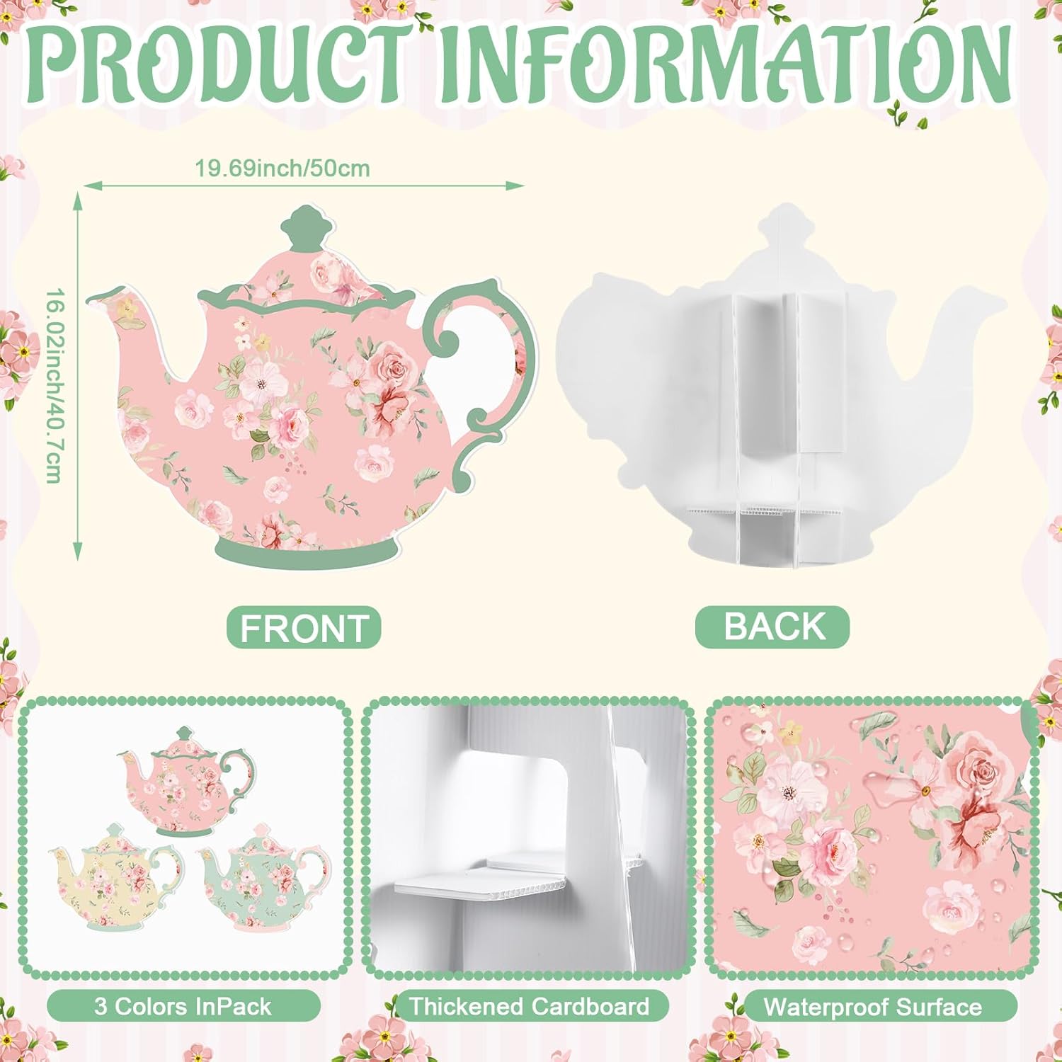Yookeer 3 Pcs Large Tea Party Decorations 19.69 Inch Plastic Teapot Cutouts with Stand Pink Green Yellow Tea Party Backdrop Wonderland Garden Sign for Bridal Shower Birthday Wedding