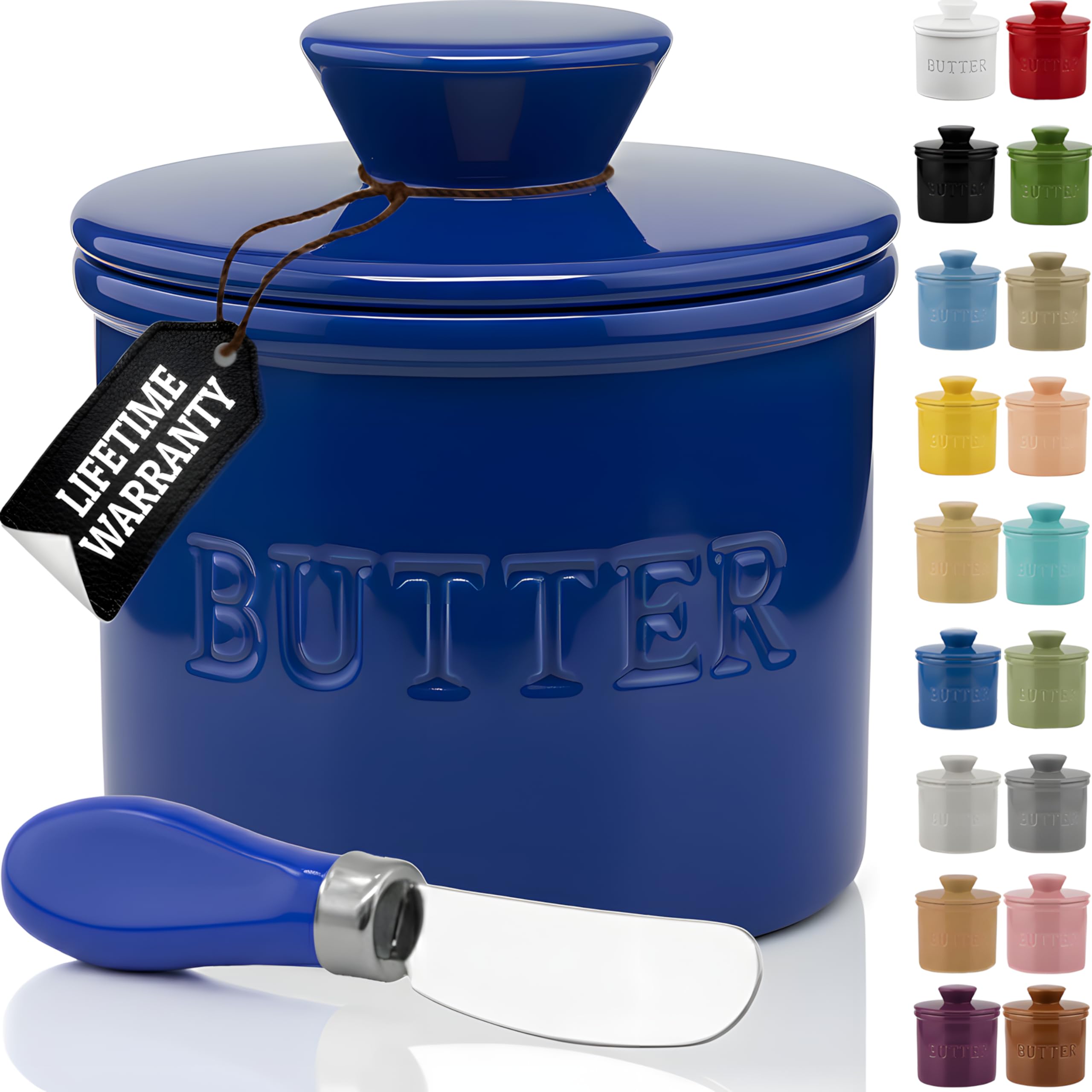 PriorityChef - Mantequera con tapa, mantequilla untable bajo demanda, mantequilla francesa para dejar en la encimera con línea de agua, plato de mantequilla francesa de cerámica, azul oscuro