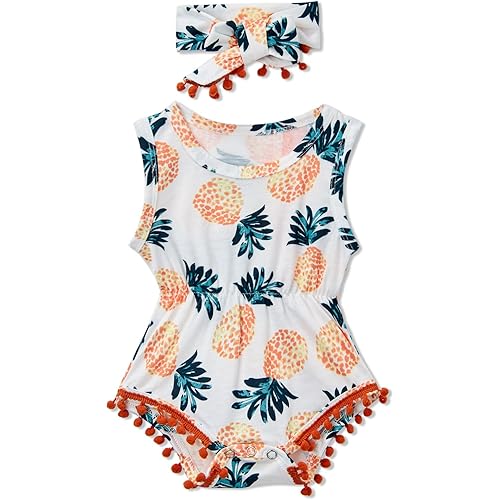 Leapparel Newborn Baby Girl Rompers Orange Pineapple Printing Bodysuit Cute Jumpsuit+ Bow Headband Infant Baby Girls Sleeveless Outfit Set 6-12 Month Girls Clothes