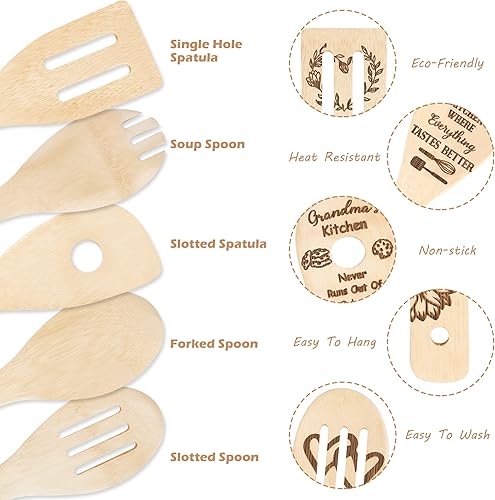 Miniatura 4 de Eartim Juego de 5 cucharas de madera para abuela, utensilios de cocina, cucharas antiadherentes, utensilios de cocina de bambú quemado, kit de