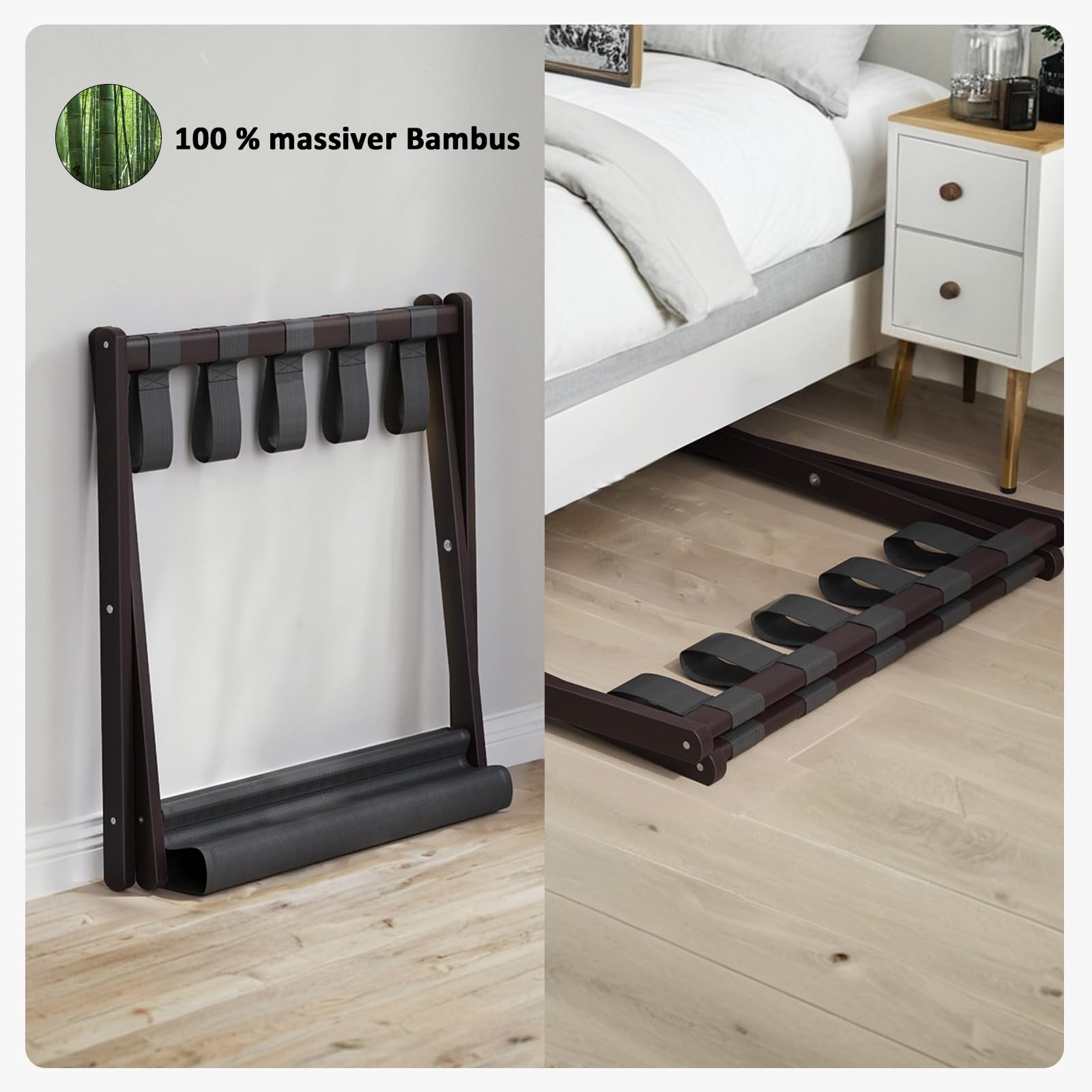 Semiocthome Kofferständer, 2er-Set, Faltbarer Gepäckträger aus Bambus mit Ablage für Gästezimmer, Schlafzimmer, Hotel, HBT: 52 x 67 x 45 cm - Braun