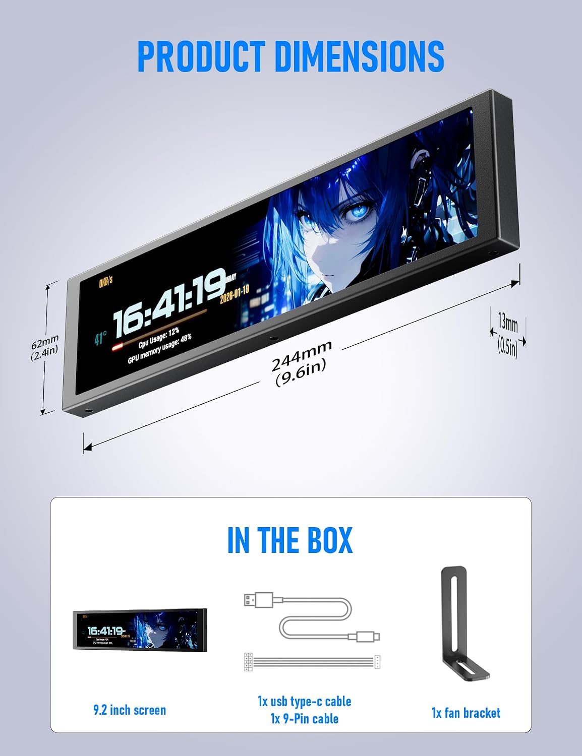 upHere 9.2'' Secondary Monitor IPS LCD Screen PC Secondary Monitor USB PC Temperature Display Mini Screen with Hardware Monitoring & Custom Display for DIY PC Enthusiasts/Gaming/Sea View Chassis