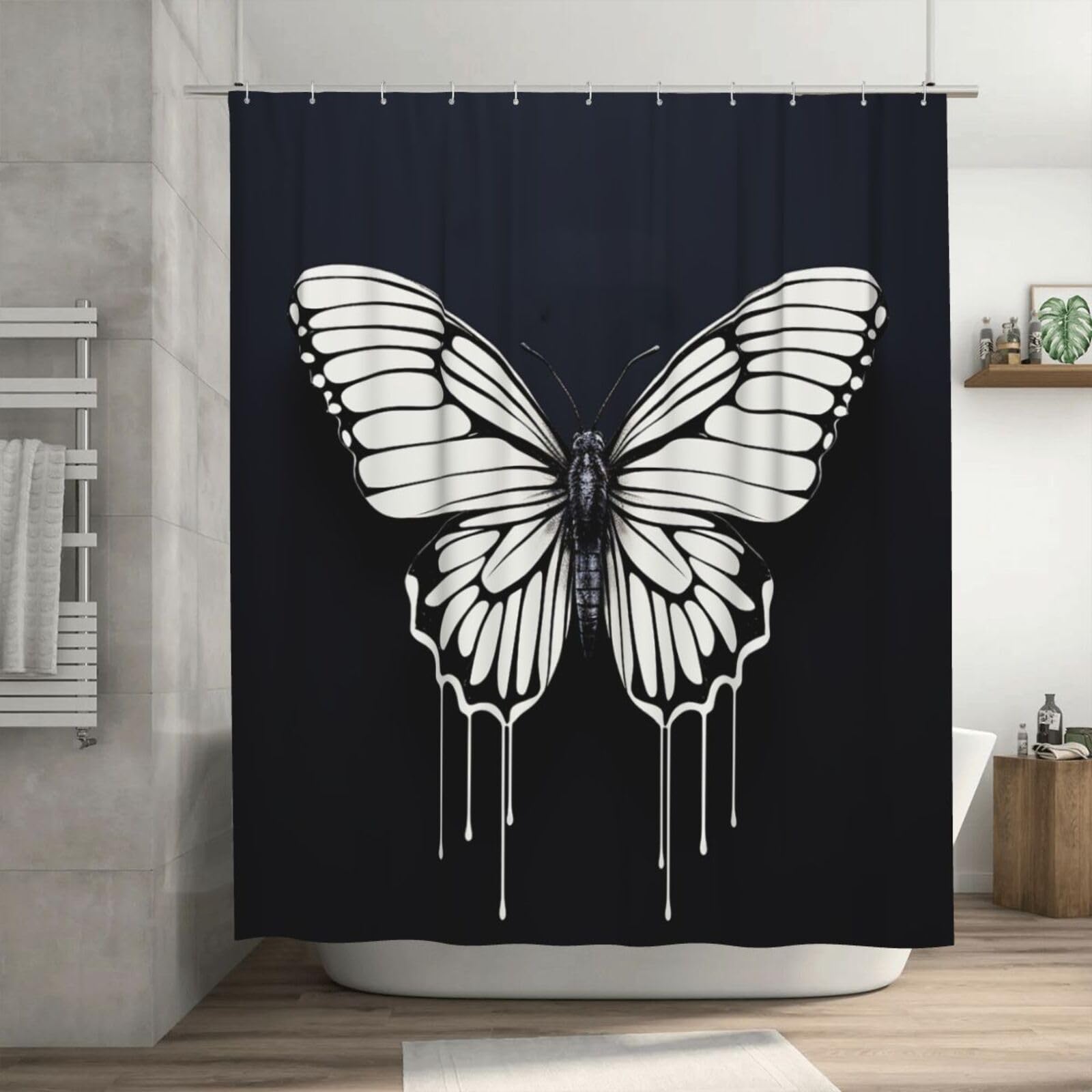 Rideau de douche imperméable épais motif papillon noir et blanc 182x182 cm