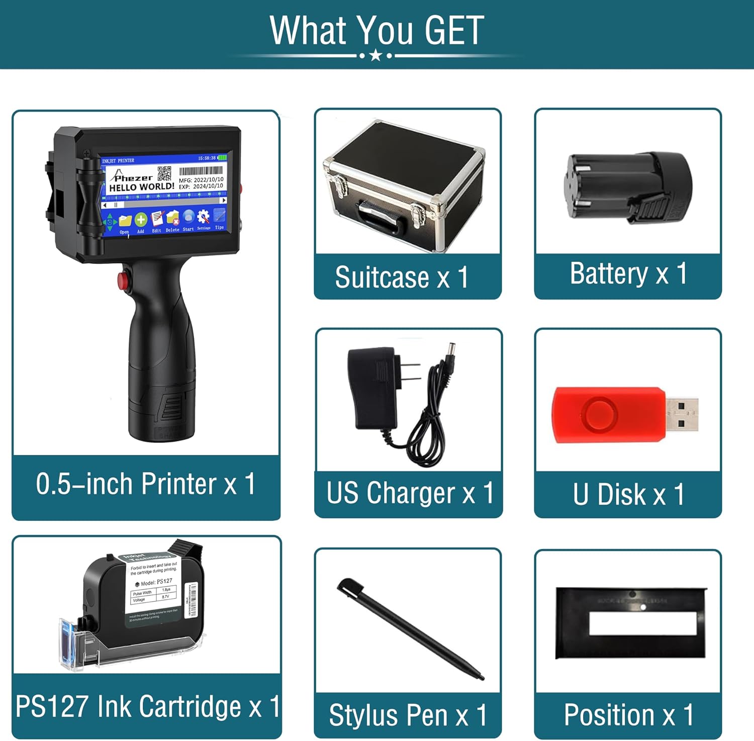 Contents of the Phezer P15U Handheld Inkjet Printer package