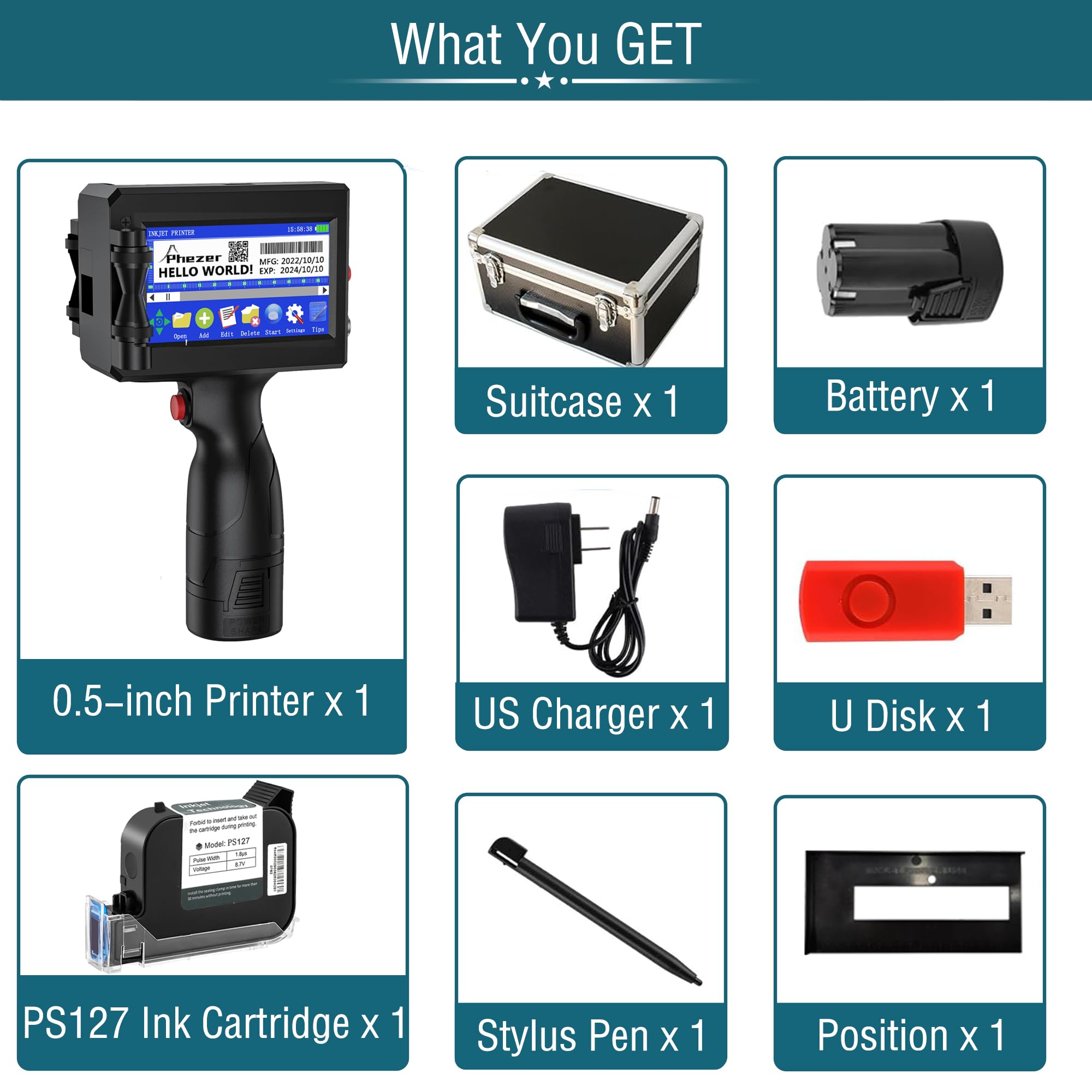 Phezer Pistola portatile a getto d'inchiostro P15U con cartuccia d'inchiostro ad asciugatura rapida, stampante portatile da 0,5 pollici per testo/codice a barre/logo/QR/contatore/numeri/data (con