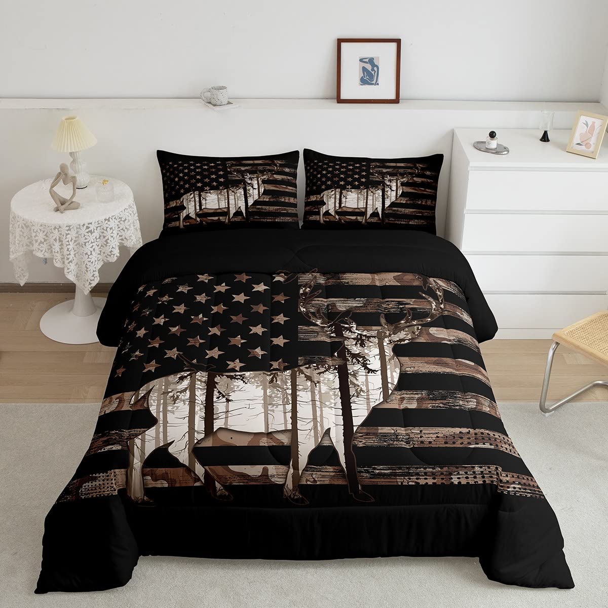 Manfei Camo American Flag Comforter Set Queen Size, Hunting Theme Wild Animal Deer Print Bedding Set 3pcs for Kids Boys Teens Bedroom Decor, Grey Camouflage Quilt Set with 2 Pillowcases
