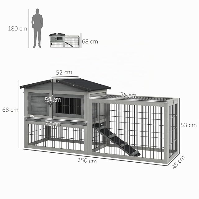 Foto 7 de 8 de PawHut Conejera Exterior de Madera 150x52x68 cm Jaula para 1-2 Conejos Gris