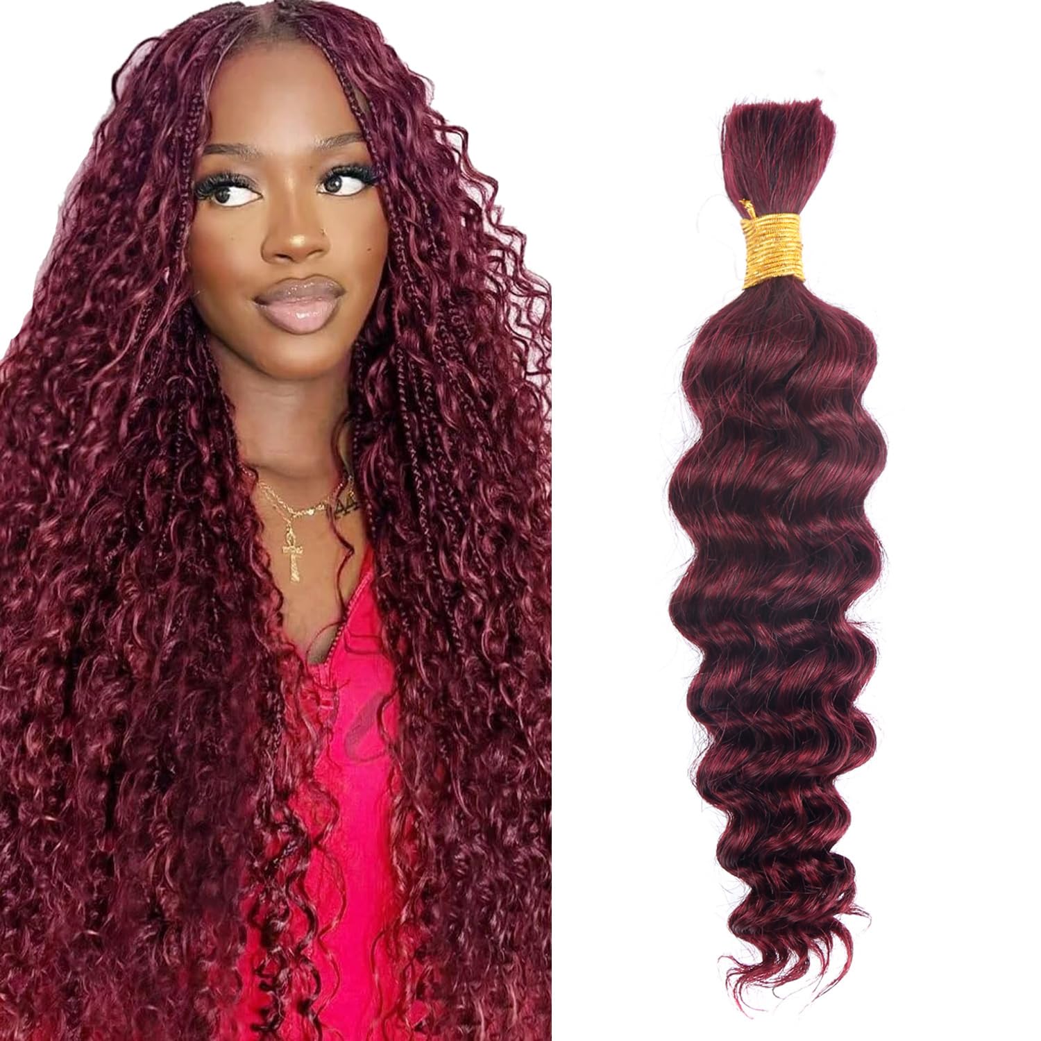 Boho Braids Human Hair Extensions 50g 20 Inch Deep Wave Bulk No Weft Bundles 12A Unprocessed Knotless Bohemian Curly Human Braiding Hair Extension for Women 1 Bundle/Pack Burgundy 99J