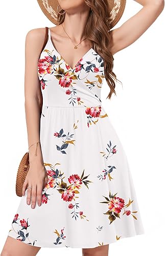 Weaczzy Vestido veraniego informal con tirantes delgados, para mujer, con vuelo, estampado floral, bolsillos, informal, cuello en V