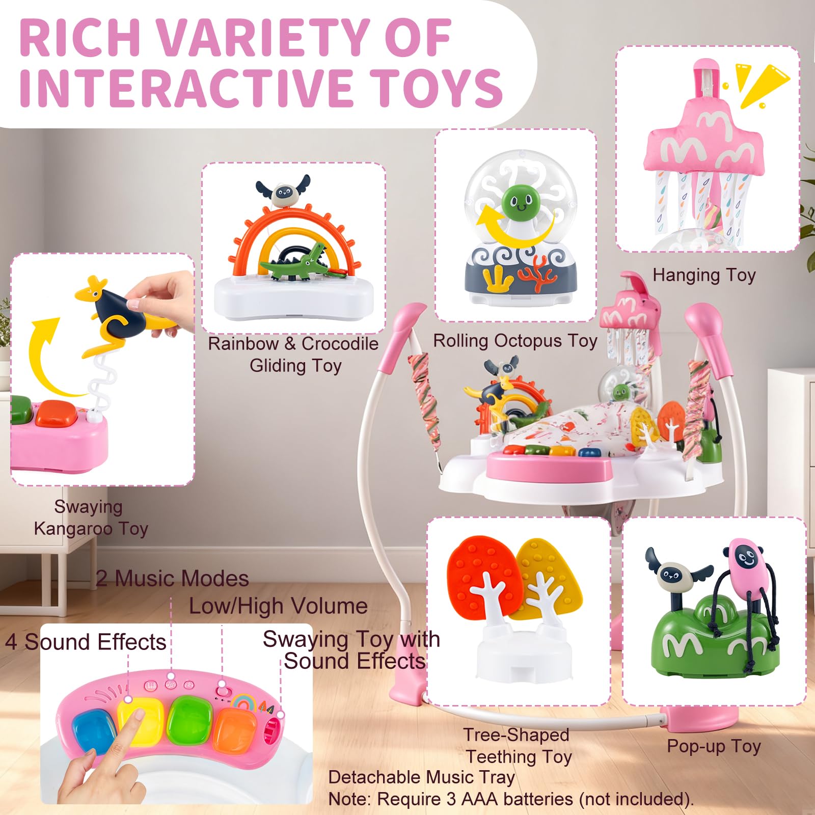 LIFEZEAL Trotteur pour Bébé, Trotteur en 3 Hauteurs Réglables avec 6 Jouets Interactifs, Lumières et Musique et Table de Jeu Rotative, Marcheur pour 6+ Mois Bébé (Rose)