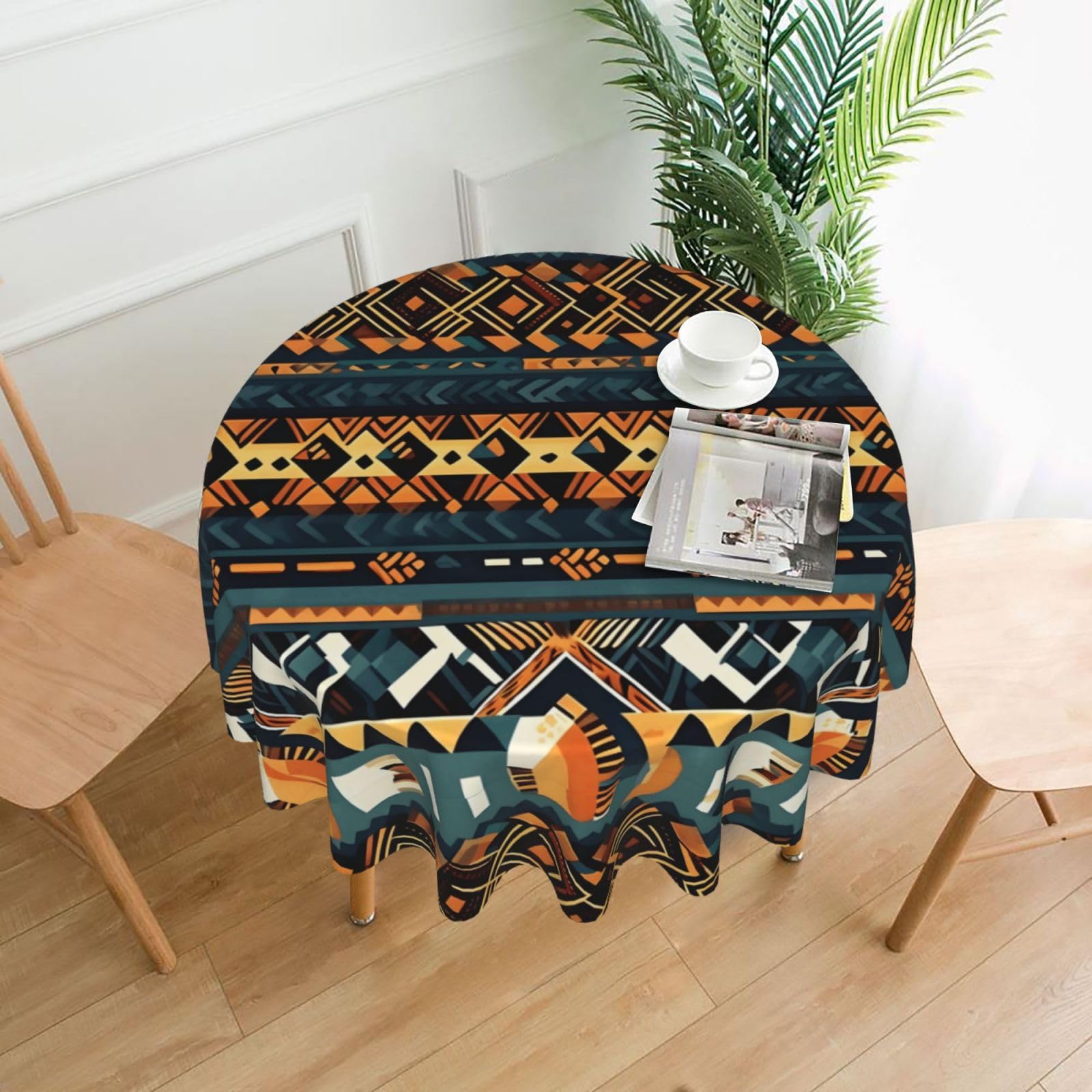 WHJSHOP African Tribal Ethnic Texture Prints Round Table Throw 60 Inch – Waterproof Table Cover for Dining, Coffee Tables, Parties & More - Soft, Wrinkle-Resistant Table Layer