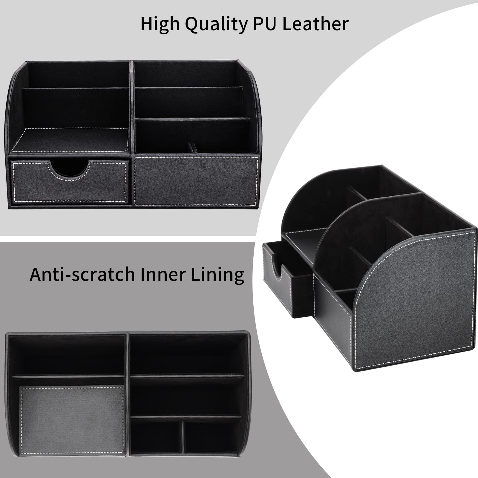 Richblue Schreibtisch Organizer, PU Leder Stiftehalter Schreibtisch, Multifunktionaler Büro Organizer mit Klein Schublade (7 Fächern-Schwarz)