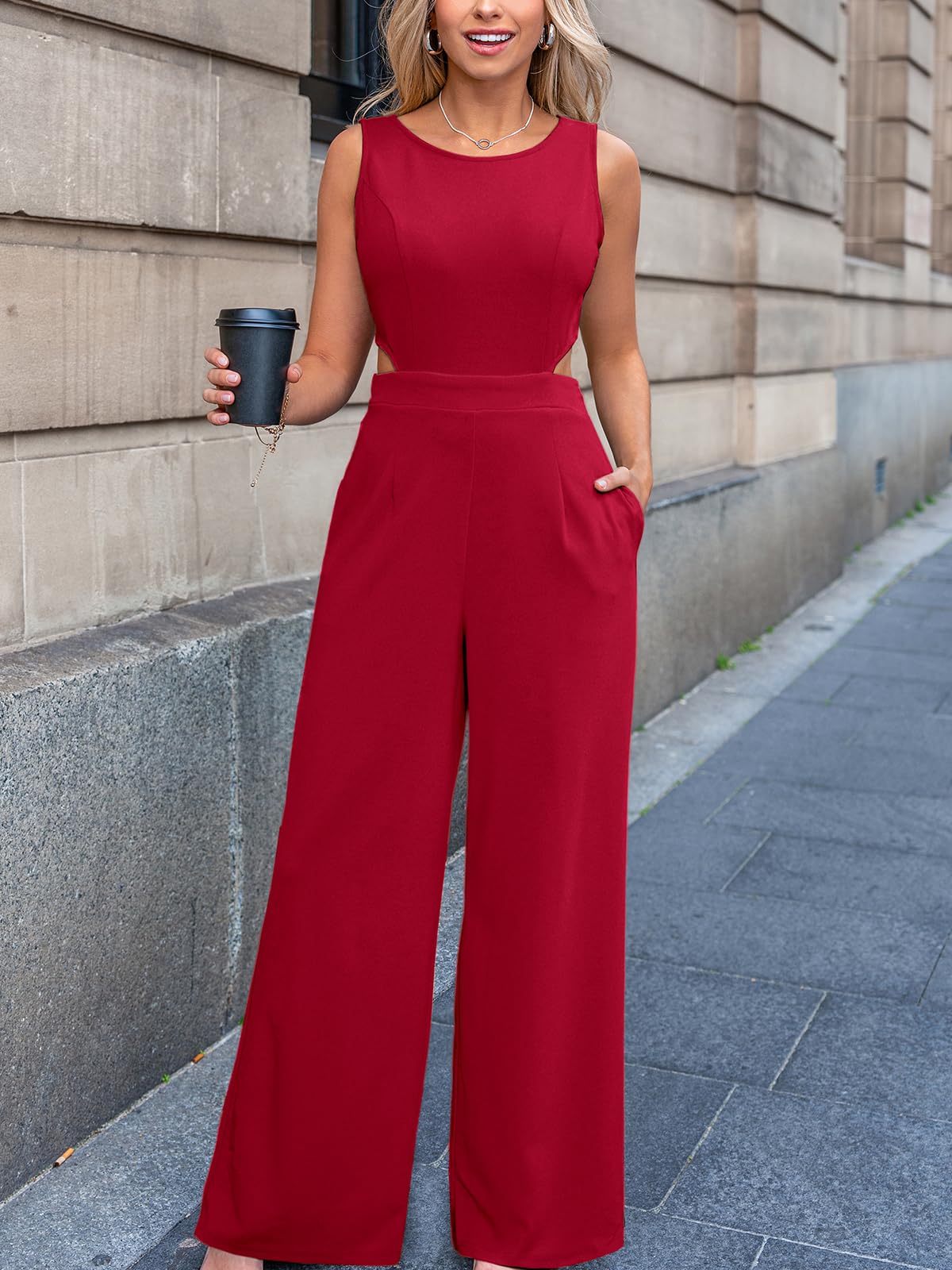 CUPSHE Enterizo para mujer, cuello redondo, sin mangas, espalda descubierta, pierna ancha, informal, elegante