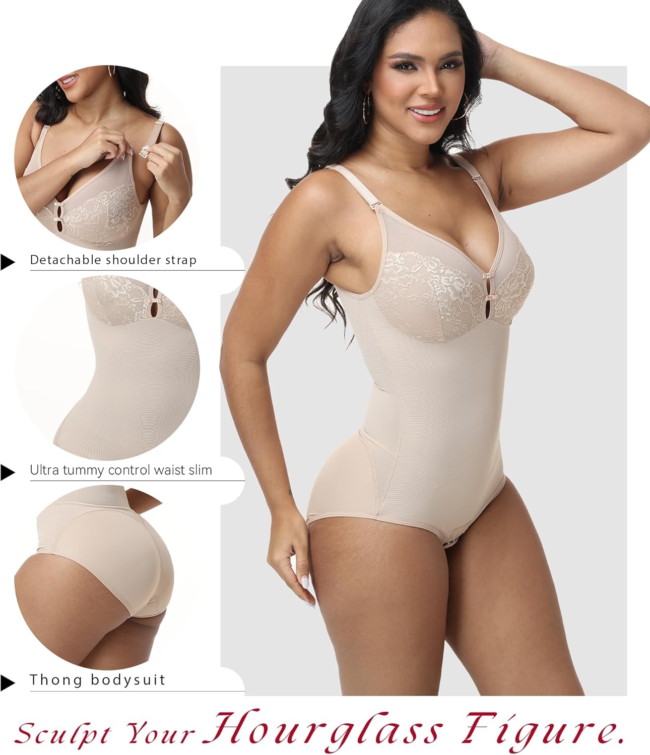 SHAPSHE Women's Lace Body Shaper for Women Tummy Control Seamless Slimming Shapewear Thong Bodysuit - Image 2