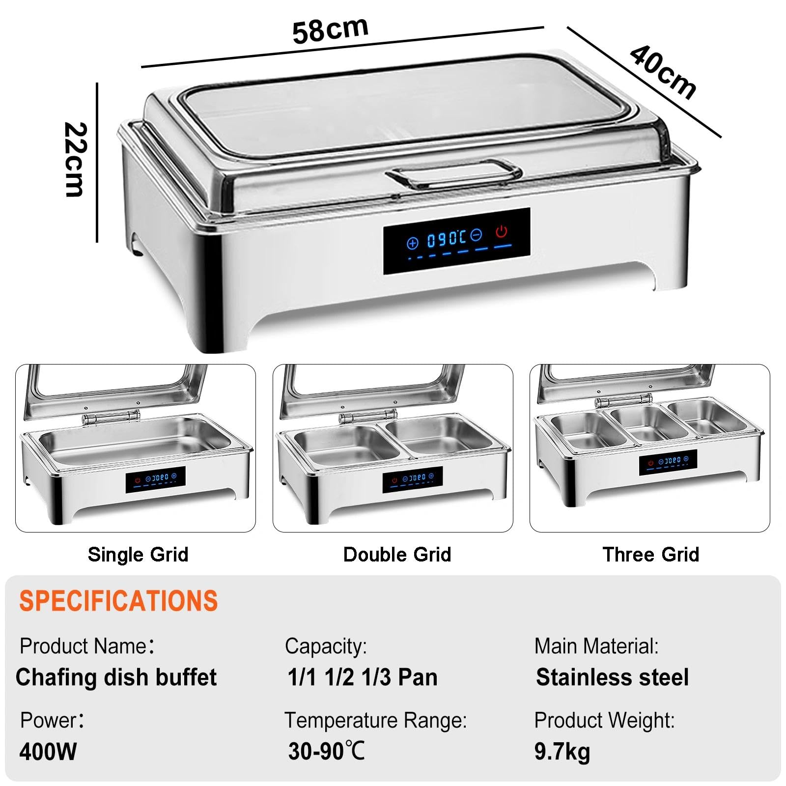 9L Calentador de Buffet de Acero Inoxidable, 400W 220V (1/1) | Chafing Dish Electrico, Calentador de Comida Buffet Electrico con Control Inteligente de Temperatura para Buffet, Catering