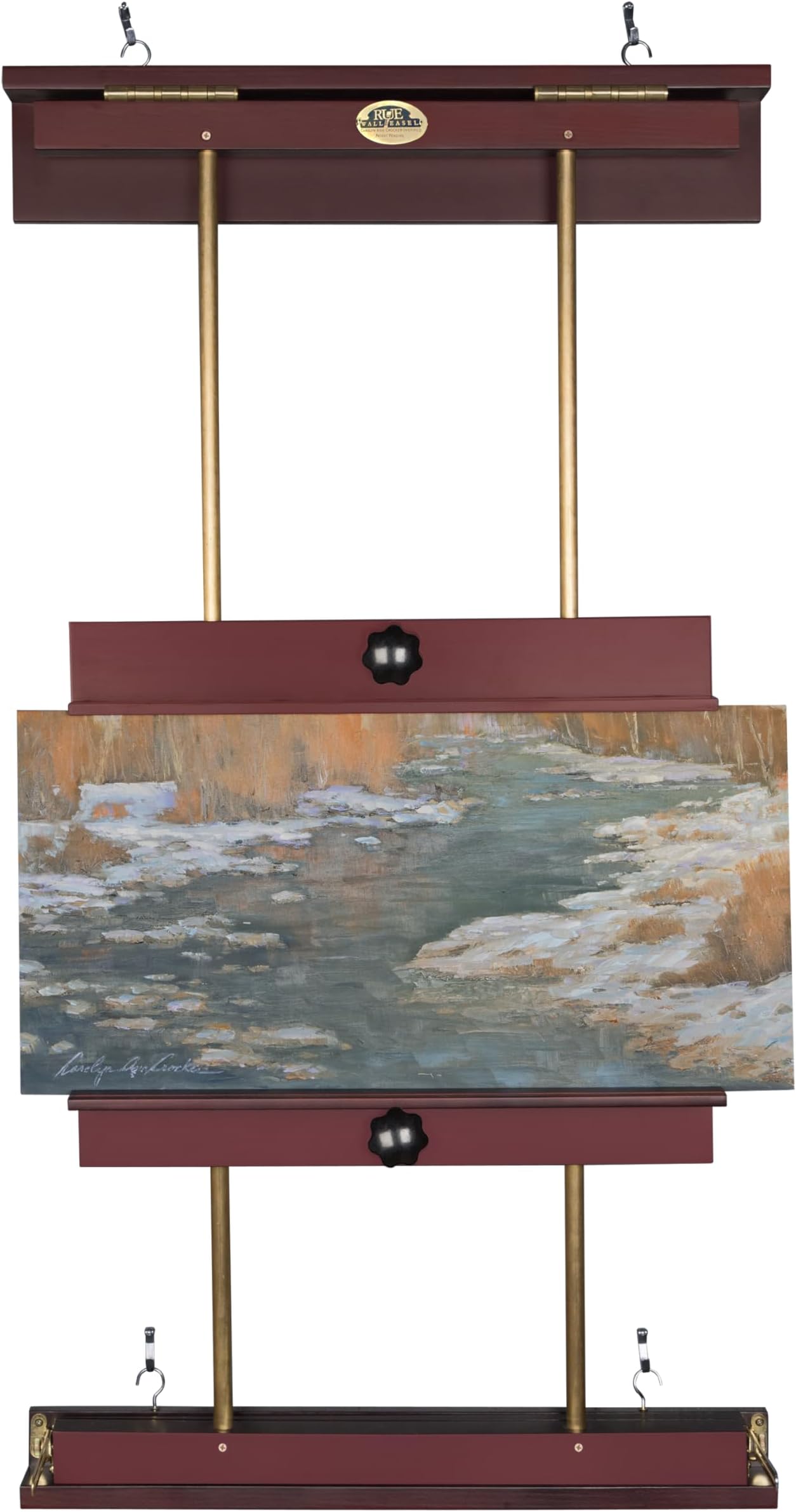 Rue Wall Easel Small - Mahogany Finish & Brass Hardware - 24" Wide Hanging Wall Mountable Display for Art, Adjustable Angle, Holds Canvas Up to 34", Decorative Holder, Easel Lamp Compatible, 19lbs