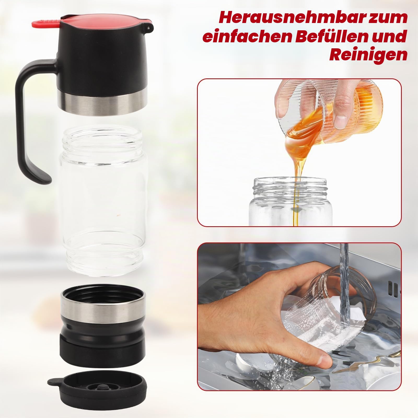 Honigspender Glas, 315 ml/ 10,65 oz Tropfsicherer Honigglas mit Griff, Tropfsicherer Honey Dispenser mit Halterung, Sirupspender Glas für Honig und Sirup, Schwarz