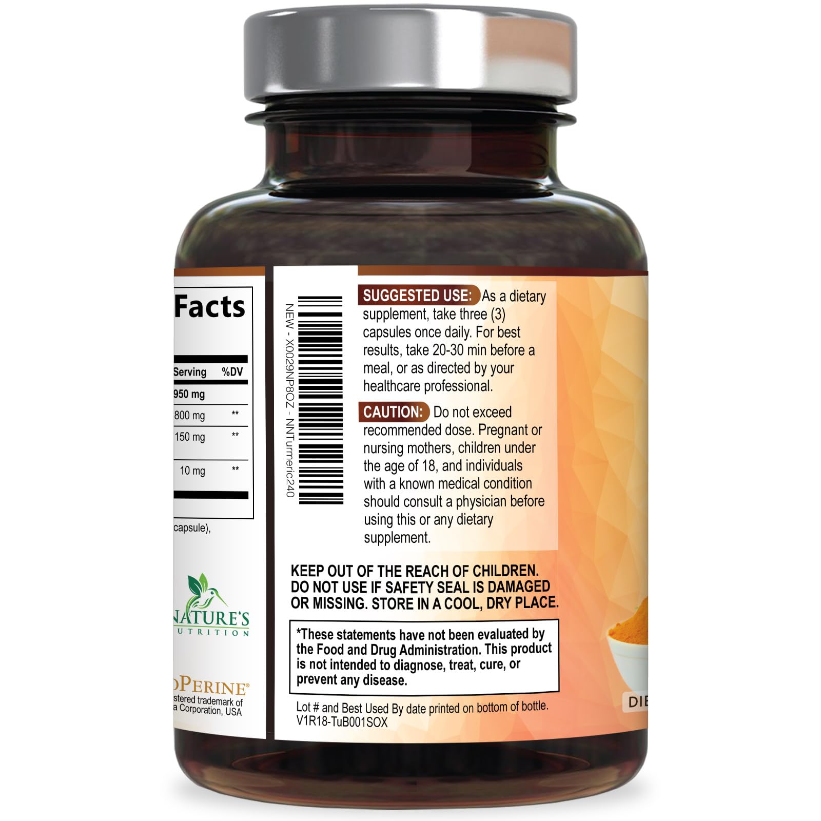Turmeric Curcumin Supplement - 1950mg Organic Turmeric - 95% Curcuminoids & BioPerine Black Pepper Extract for Best Absorption - Natural Vegan Joint & Immune Support, Bottled in USA - 240 Capsules — Amazon image 8