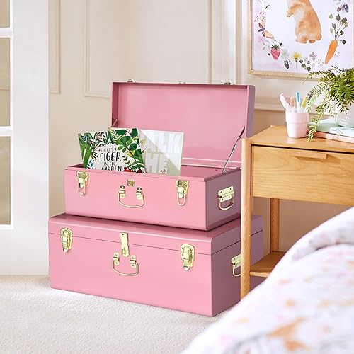 Miniatura 105 de Vixdonos Juego de 2 baúles decorativos de almacenamiento de caja de metal con asa (blanco con cierres de bronce) Blanco con cierres de bronce,Beige