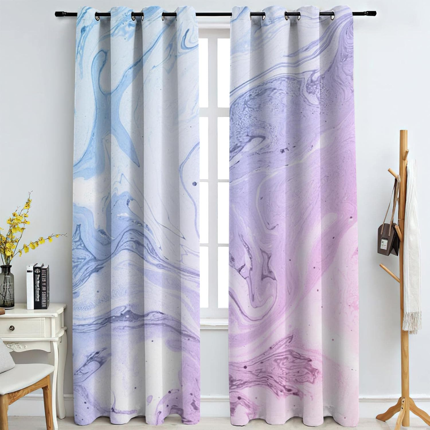 Modern Light Luxury Window Curtains, Nordic Blue Purple Marble Texture Blackout Curtains, Thermal Insulated Privacy Eyelet Drapes for Living Room Kitchen Bedroom 2 Panels (63" W x 72" L)