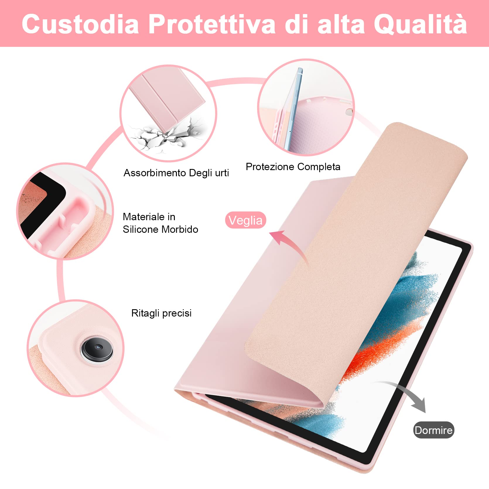 SOPPY Custodia per Tastiera Samsung Galaxy Tab A8, Italiano QWERTY, Custodia con Tastiera Rimovibile per Samsung Galaxy Tab A8 10,5" 2022/2021 (SM-X200/X205/X207), Rosa