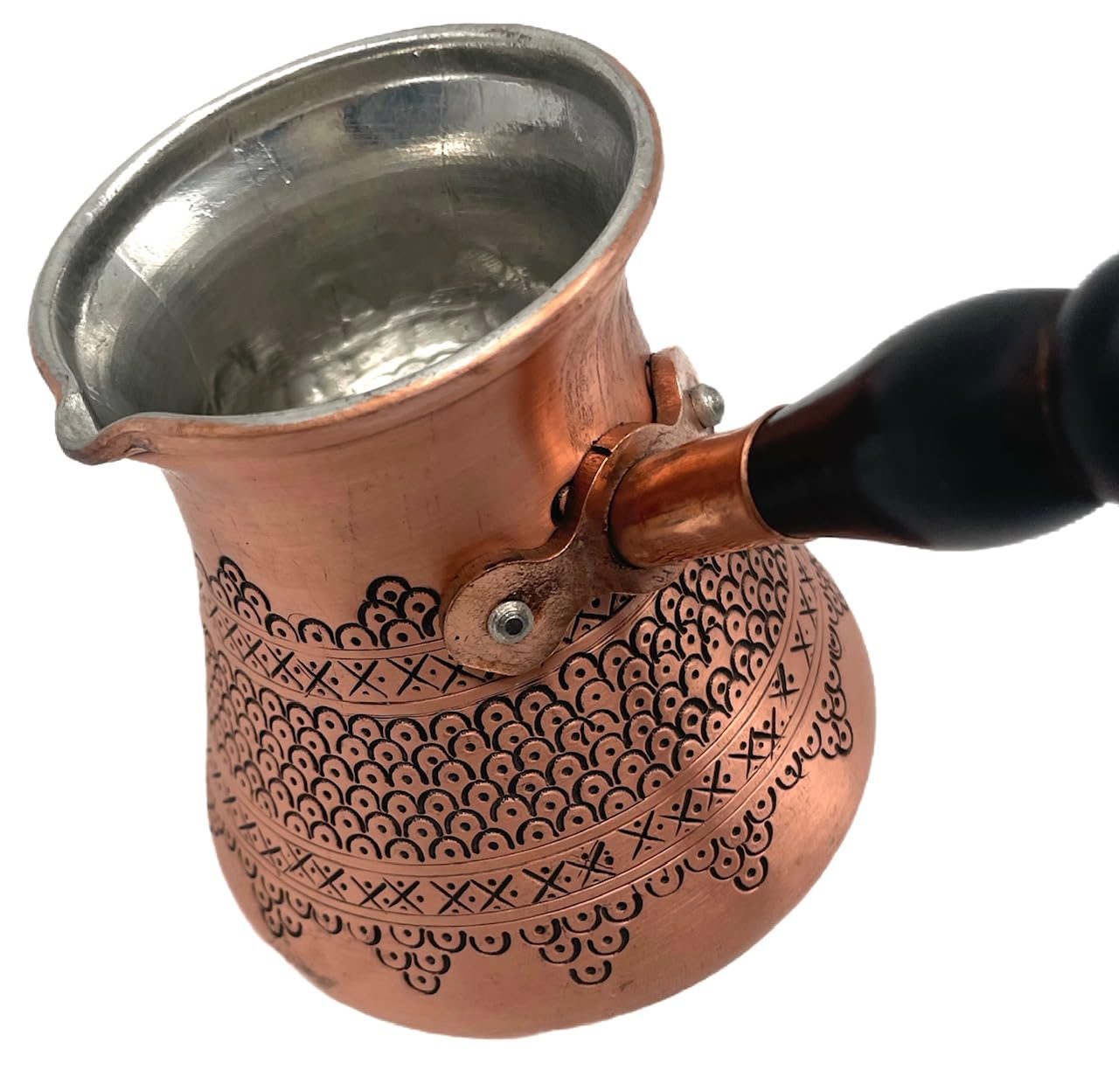 Cezvex-Areon-2 mm dicke Kaffeekanne, Kaffeekocher aus 100% Kupfer, handgraviert, türkische, arabische Mokkakanne, Cezve, Ibrik, Briki mit Holzgriff bis zu 4 Personen