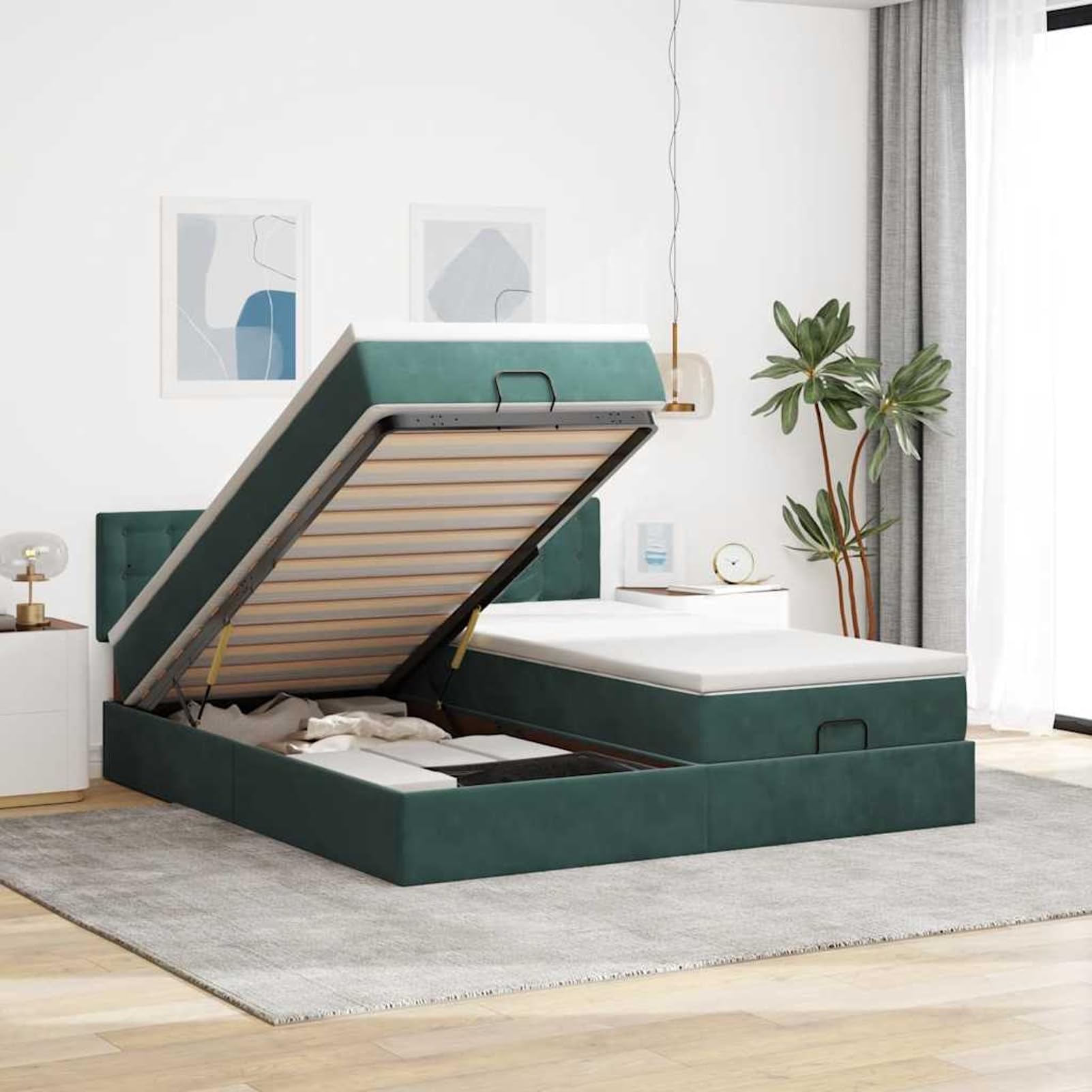Gecheer Cama Otomana con Almacenamiento y Colchón de Resortes Encajados, Tela de Terciopelo, Luces LED, para Dormitorio y Descanso