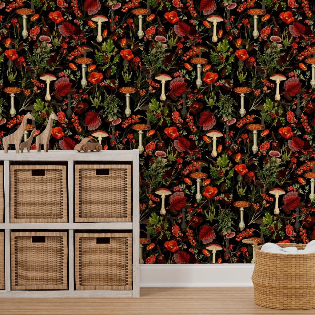 Removable Wallpaper 3ft x 2ft - Vintage Style Botanical Mushrooms Woodland Wildflowers Antique Style Custom Pre-Pasted Wallpaper by Spoonflower